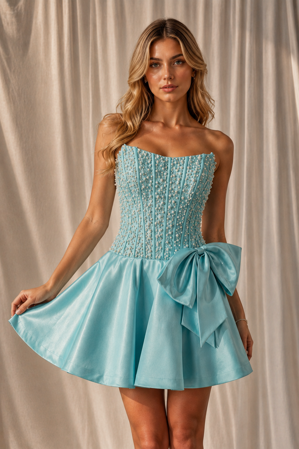 Blue strapless A-line homecoming dress with pearl beading and a side bow.