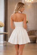 White strapless pearl A-line mini dress