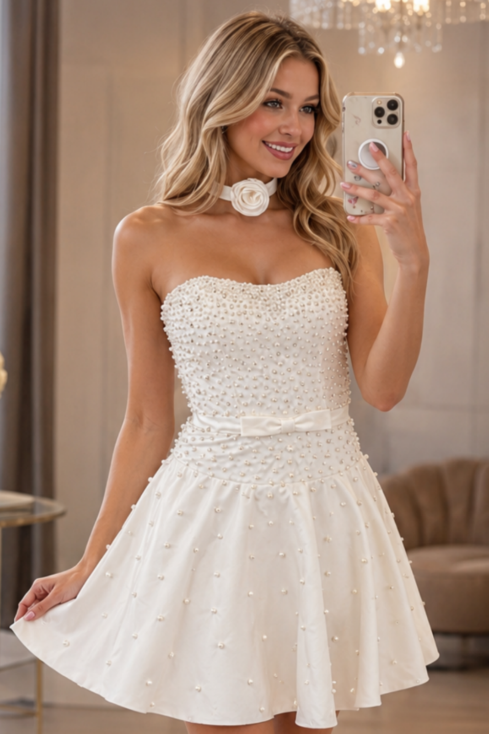 White strapless pearl A-line mini dress
