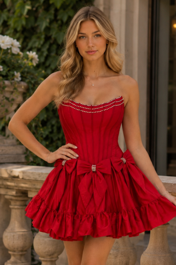 Red strapless pearl A-line mini dress