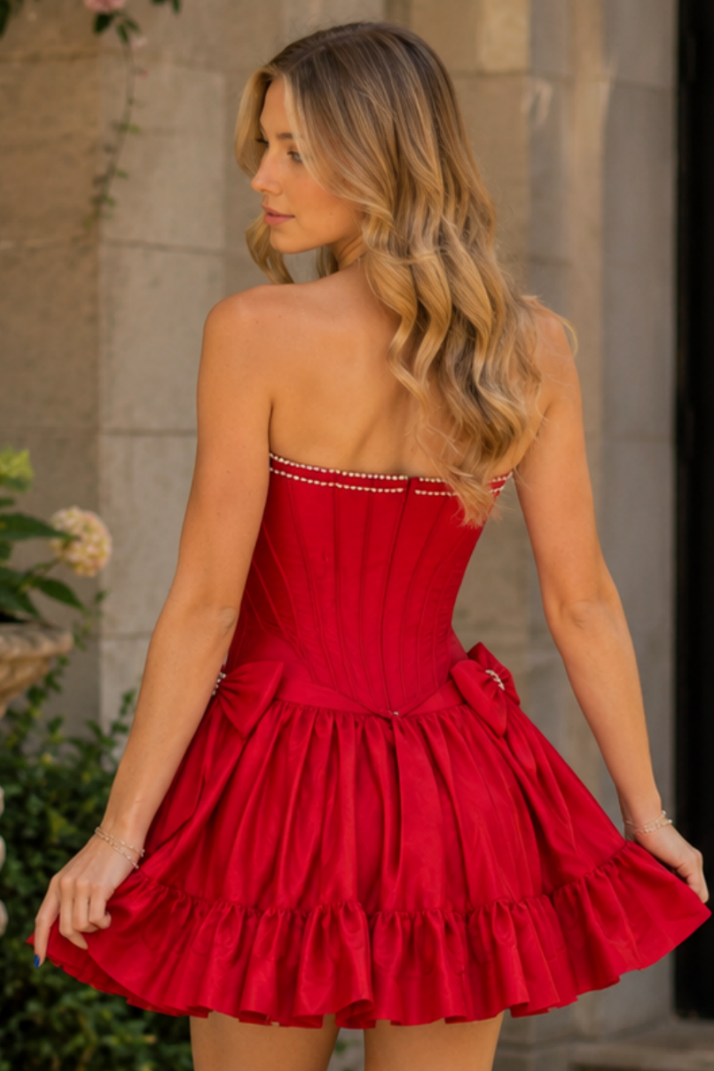 Red strapless pearl A-line mini dress