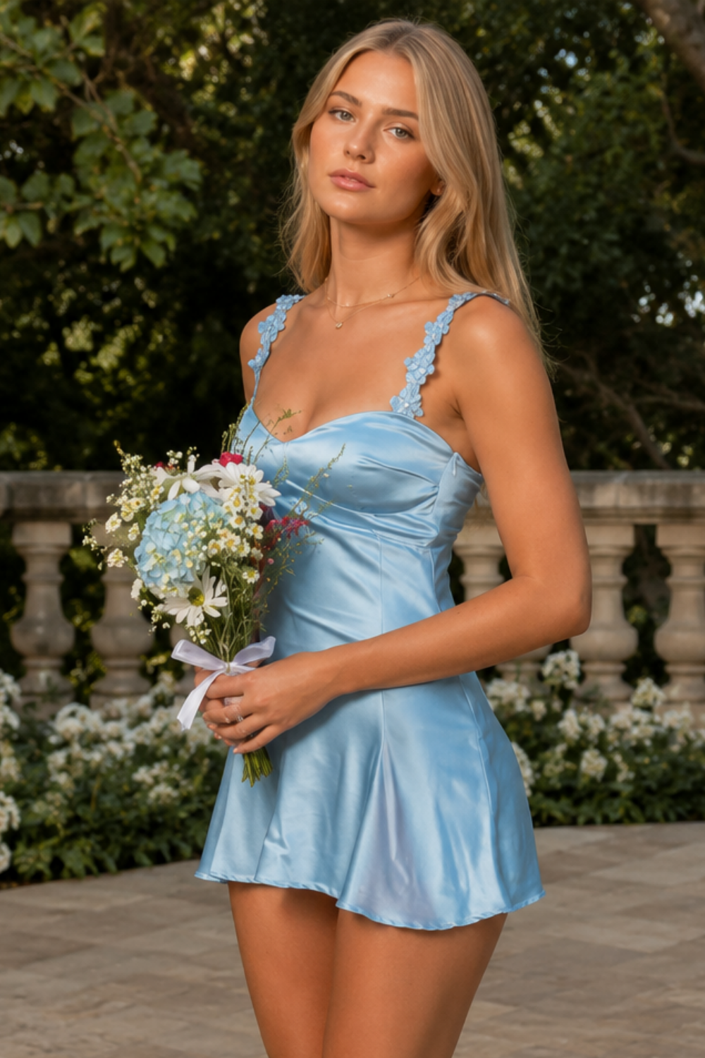 Floral strap A-line short homecoming dress in pink blue yellow