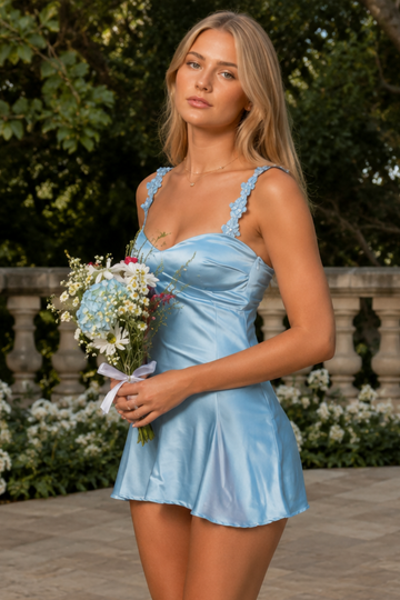 Floral strap A-line short homecoming dress in pink blue yellow