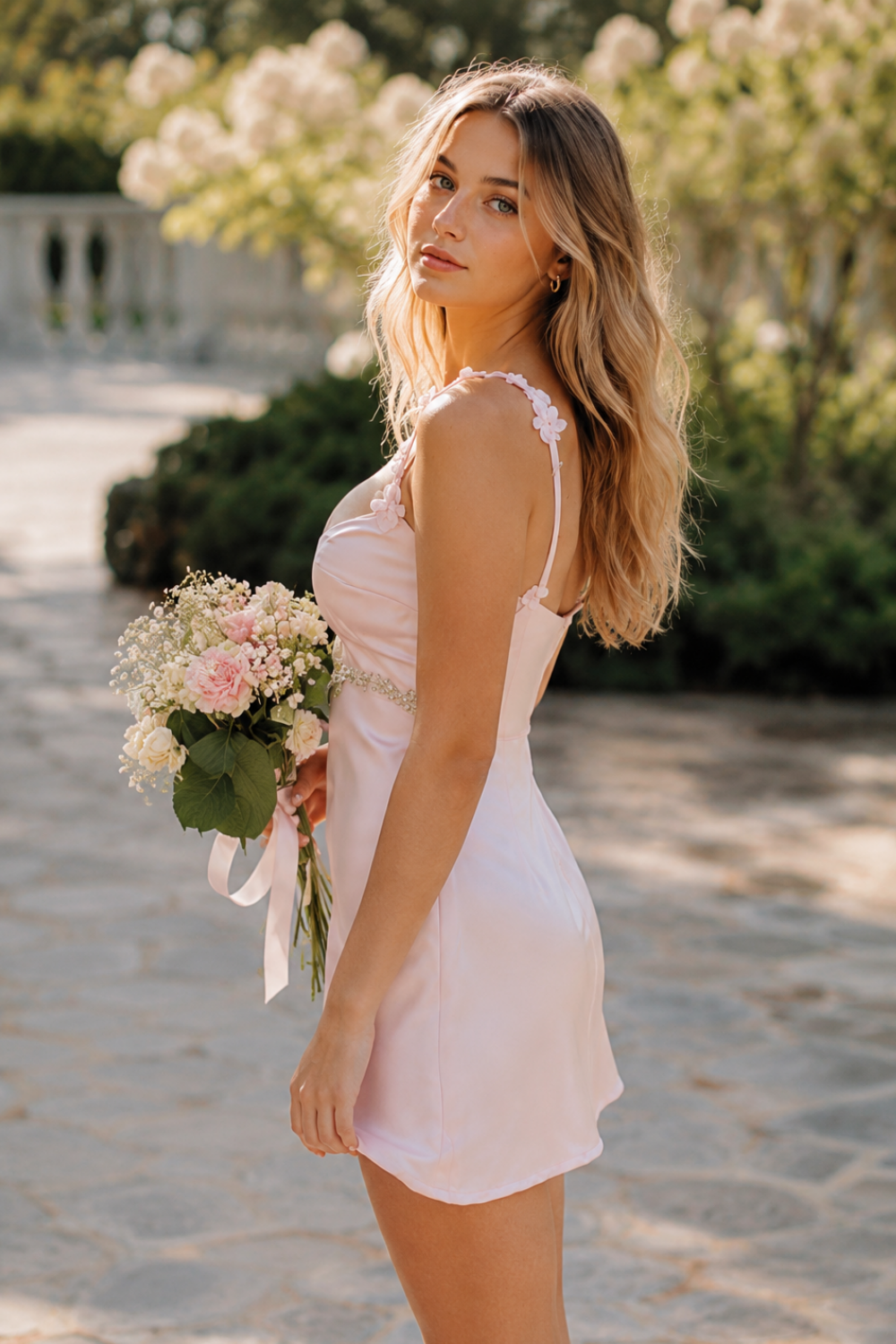 Floral strap A-line short homecoming dress in pink blue yellow