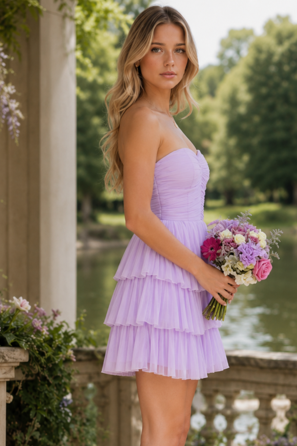 Lavender chiffon strapless A-line tiered homecoming dress