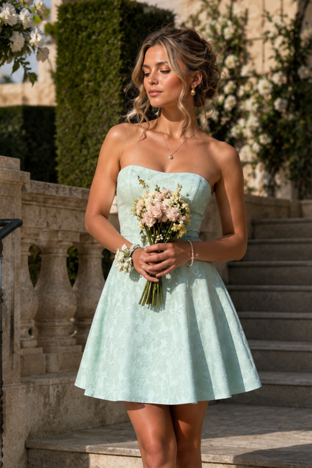 Floral print strapless A-line short homecoming dress
